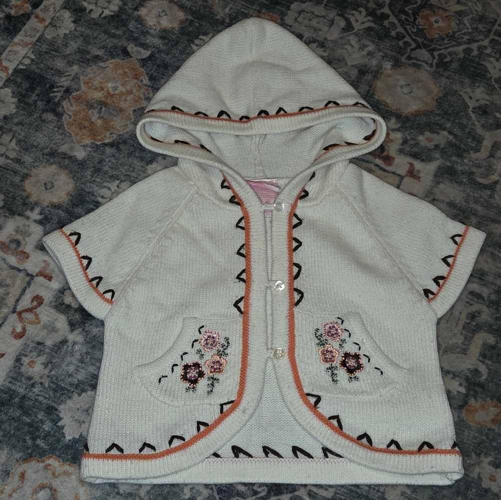 Nannette Girl Cream Hooded Short Sleeved Cardigan Sweater w/ Floral Embroidery